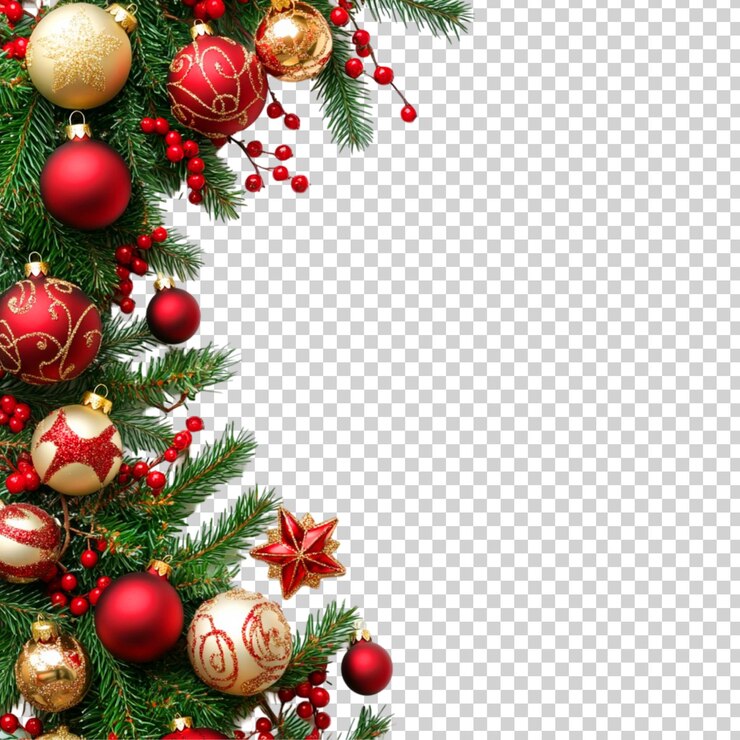 PSD frame de fronteira festiva de natal ramos de pinheiros verdes com ornamentos em um fundo transparente