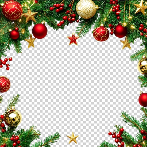 Frame de fronteira festiva de Natal ramos de pinheiros verdes com ornamentos em um fundo transparente