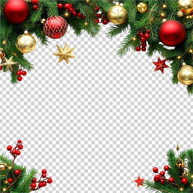 Frame de fronteira festiva de Natal ramos de pinheiros verdes com ornamentos em um fundo transparente
