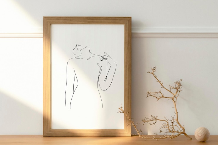 PSD frame mockup psd con minima estetica donna line art grafico