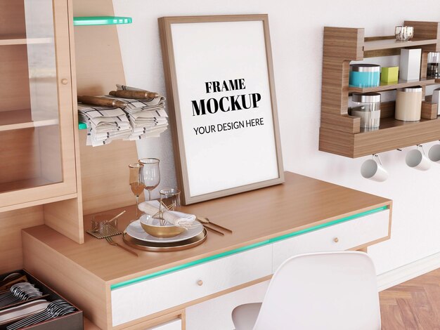 Frame mockup realista na mesa moderna