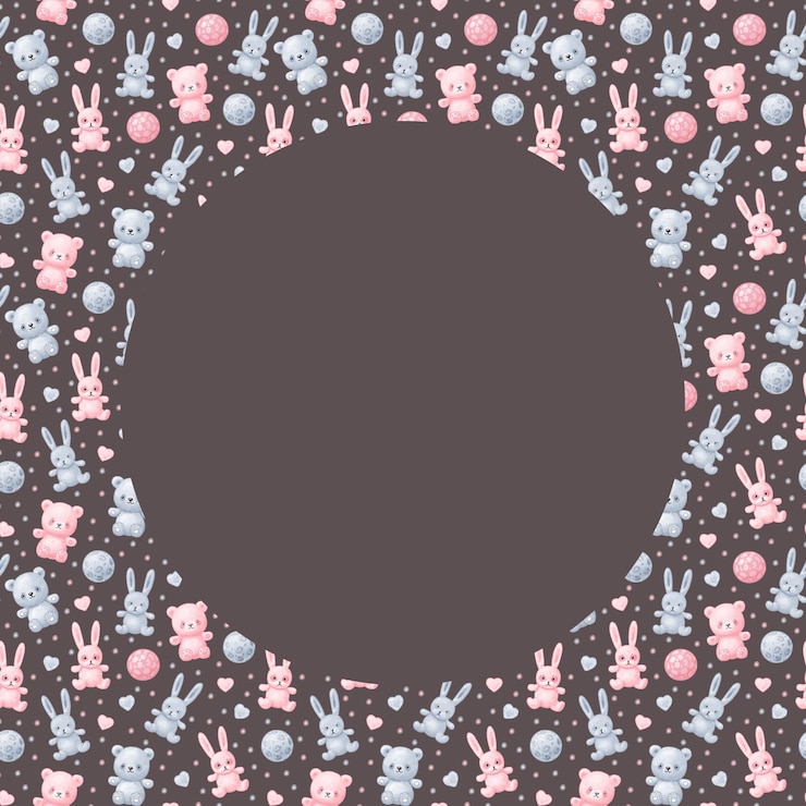 PSD frame of drawn soft toys in muted pink and blue colors bear rabbit ball hearts on a dark