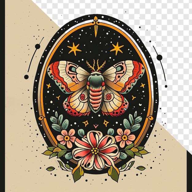 PSD frame oval de mariposa e flor vintage tatuagem da velha escola