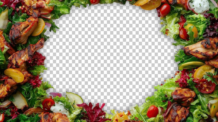 PSD frame de pollo a la parrilla y verduras frescas sobre un fondo transparente