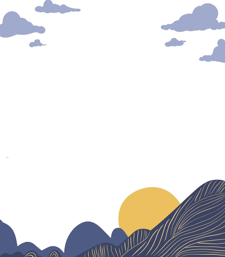 PSD frame vertical con borde de nubes, montañas e ilustración de puesta de sol