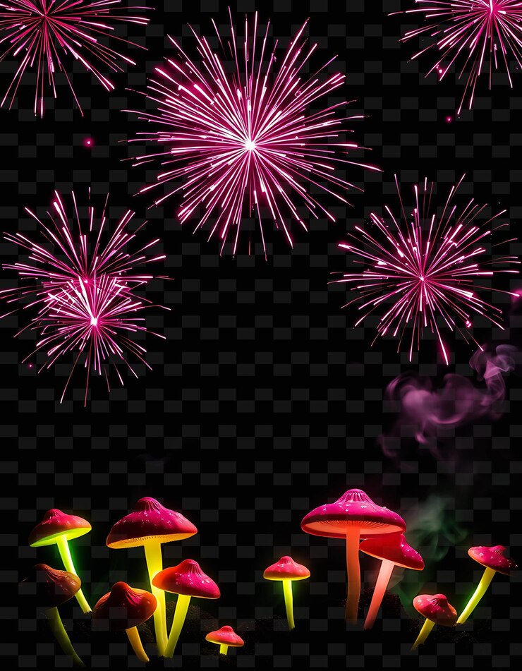 PSD frameexploding_firecrackers_burst_in_vibrant_flashes_outlining_the_frame_neon_mushrooms_grow_alon