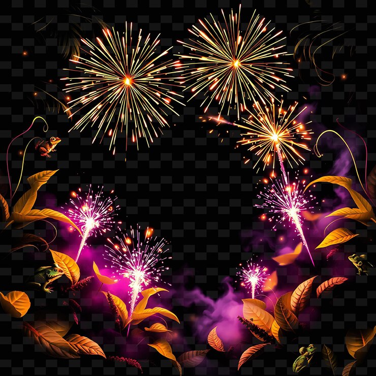 PSD frameexploding_firecrackers_shooting_out_sparks_illuminating_neon_jungle_leaves_along_the_frame_g
