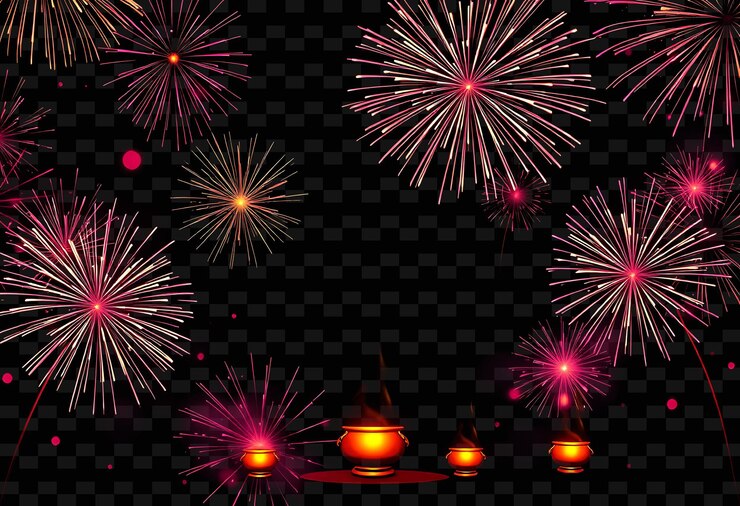 PSD framefirecracker_cascades_form_swirls_lighting_up_the_edges_glowing_kalash_pots_hover_softly_lit_