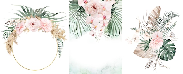 Frames e buquê com aquarela verde folhas tropicais e flores cor-de-rosa Ilustração isolada de casamento