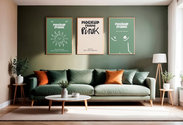 Frames e uma maquete de design de interiores de sofá