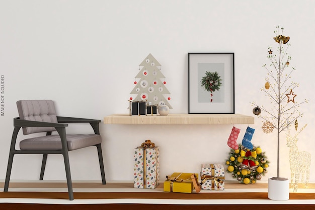 PSD frames mockup design an der wand mit weihnachtsbaum in 3d-rendering