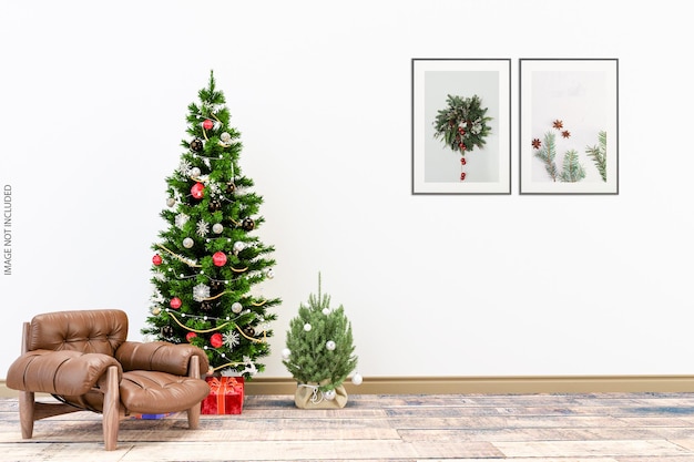 PSD frames mockup design an der wand mit weihnachtsbaum in 3d-rendering