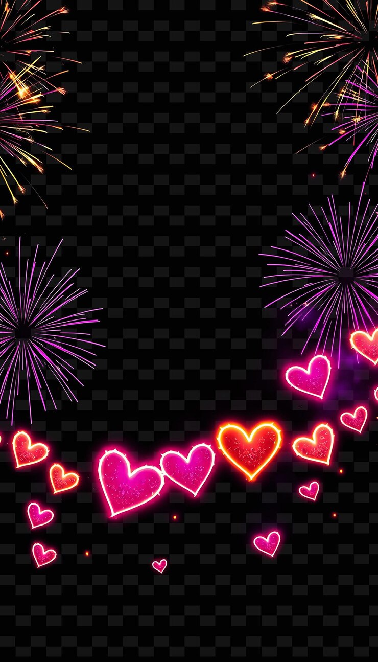 PSD framespinning fuegos artificiales disparan desde los bordes fizzling brillantemente corazones de neón pulsan con el calor a