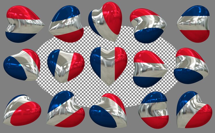 PSD francia 3d bandera del corazón aislada en diferentes posiciones renderizado en 3d