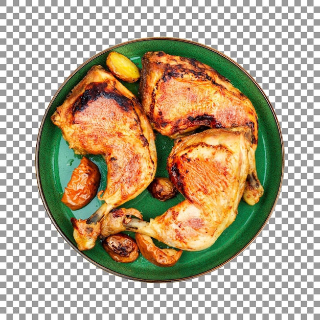 Frango assado em um prato verde com cogumelos e limões em fundo transparente