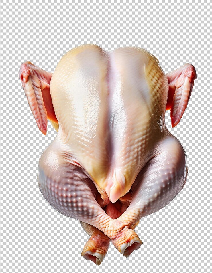 PSD frango cru inteiro flutuando no ar isolado fundo transparente