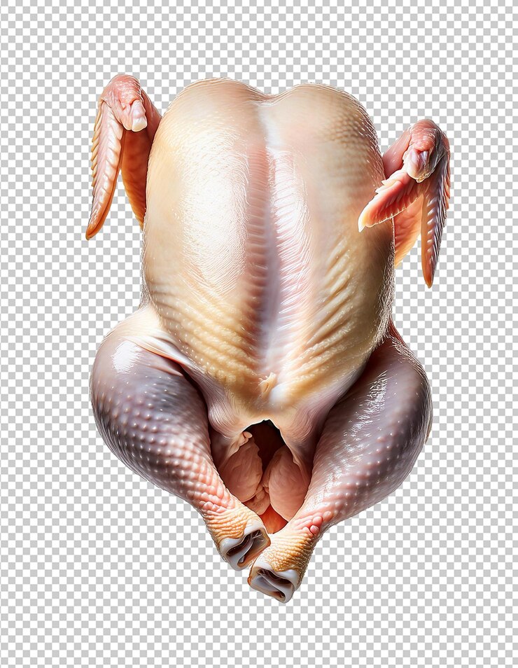 PSD frango cru inteiro flutuando no ar isolado fundo transparente