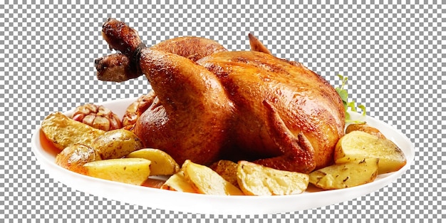 Frango inteiro assado com batatas fritas isoladas em fundo transparente