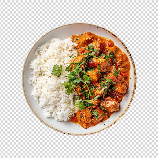 PSD frango tikka masala curry e arroz em prato isolado em fundo transparente