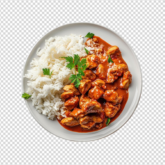 PSD frango tikka masala curry e arroz em prato isolado em fundo transparente