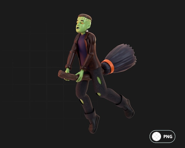 PSD frankenstein chevauchant un balai de sorcière illustration 3d