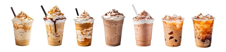 PSD frappuccino con paja en vaso de plástico para llevar aislado sobre fondo blanco.