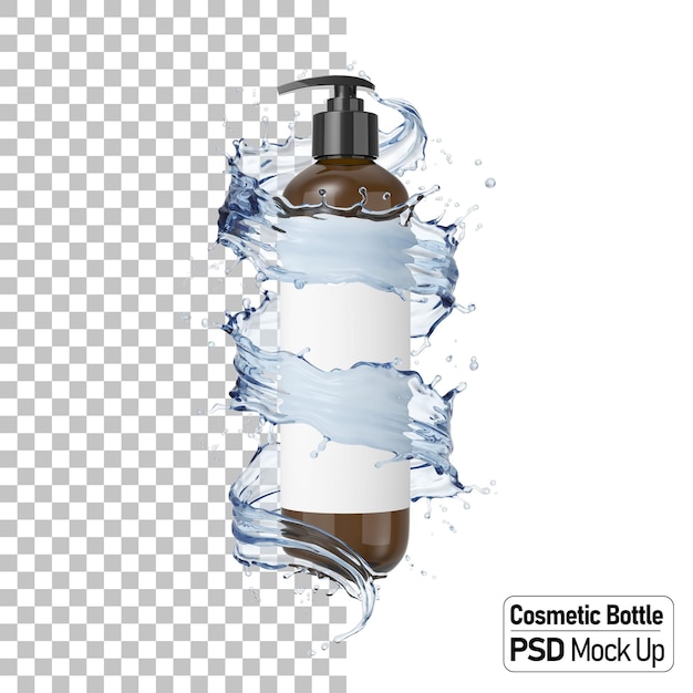 PSD frasco cosmético com maquete de pacote 3d de respingos de água