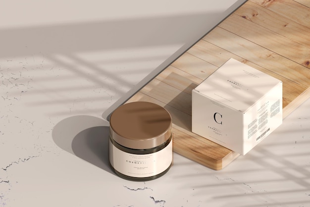 Frasco cosmético de vidro âmbar e maquete de caixa