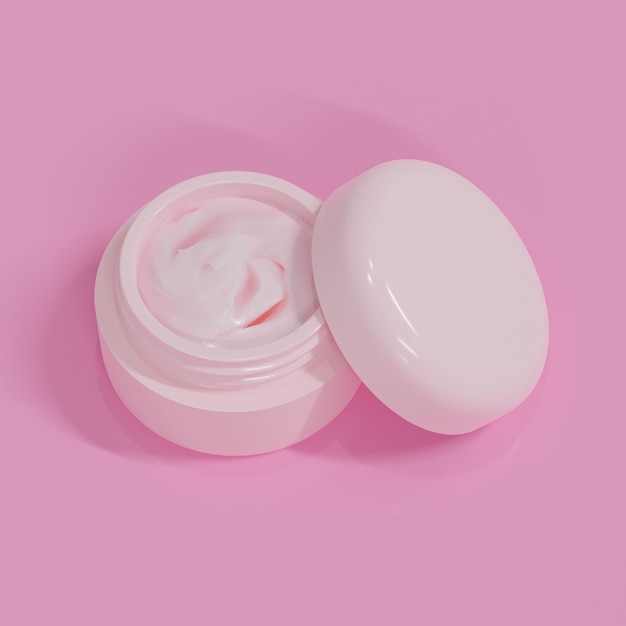 Frasco de creme rosa para cuidados com a pele e cosméticos com tampa aberta em fundo rosa