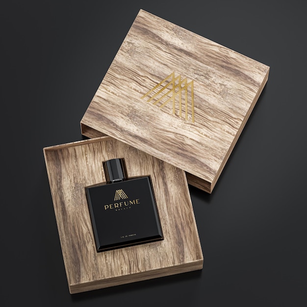 Frasco de perfume preto e maquete do logotipo da caixa de madeira em fundo preto para renderização em 3d de marca