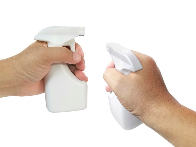 Frasco de spray de limpeza na mão com fundo transparente