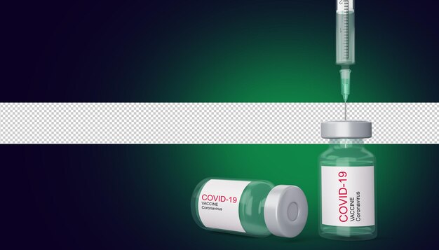 Frasco de vacina Covid-19 com seringa, vacina de coronavírus, ilustração de renderização 3D