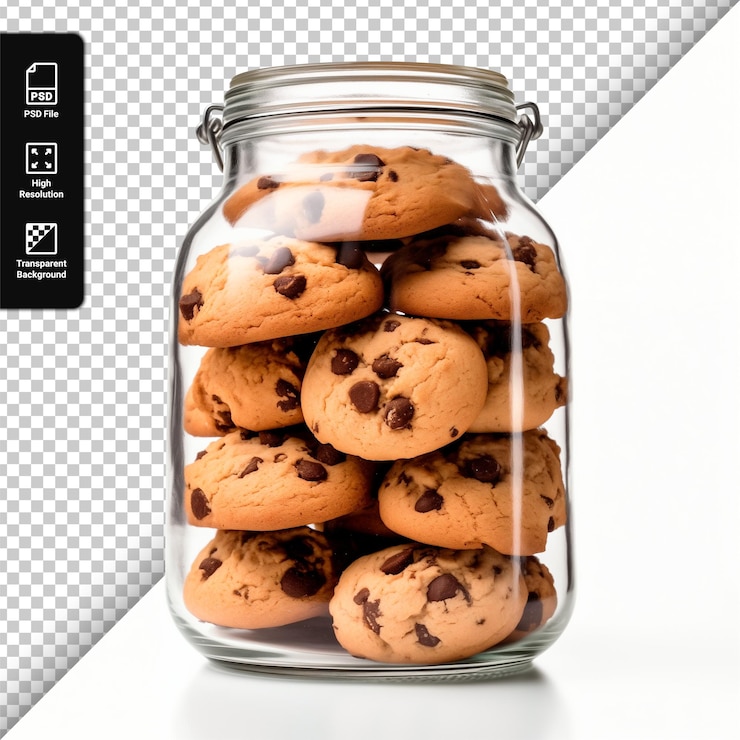 PSD frasco de galletas pequeñas de chispas de chocolate aisladas sobre un fondo transparente