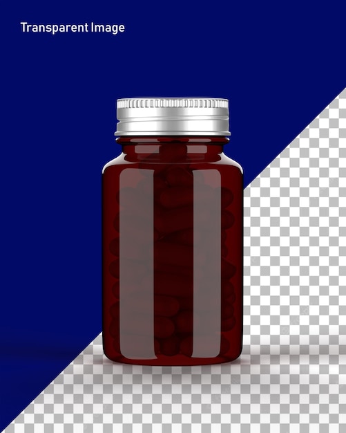 PSD un frasco de líquido rojo con fondo azul.