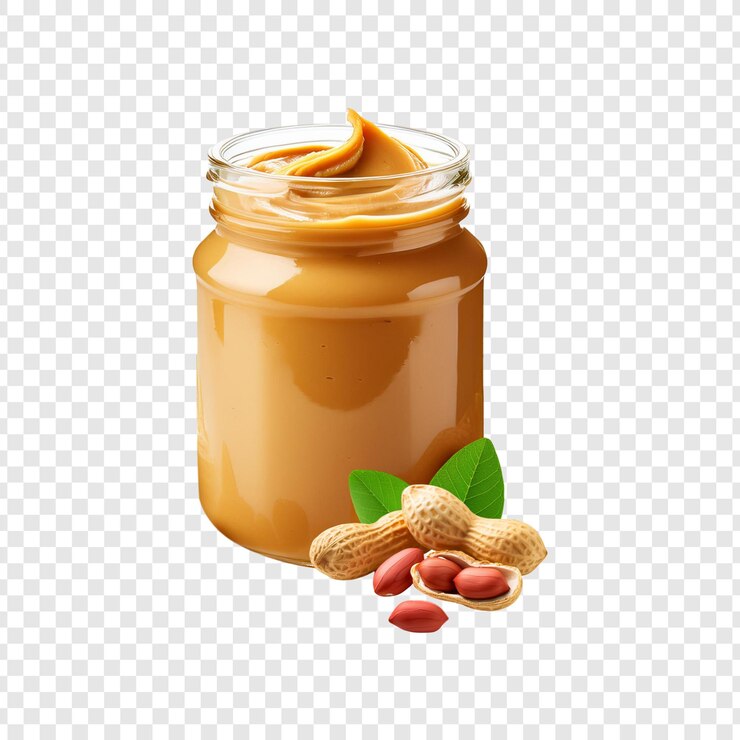 PSD frasco de mantequilla de maní con mantequillas de maní y nueces sobre un fondo transparente