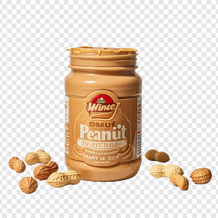 PSD un frasco de mantequilla de maní se sienta al lado de algunos cacahuetes