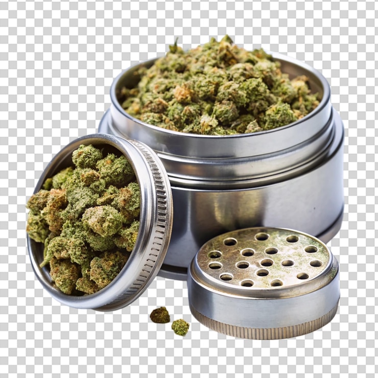 PSD un frasco de marihuana está sentado en la parte superior de un jarro de marihuana en un fondo transparente