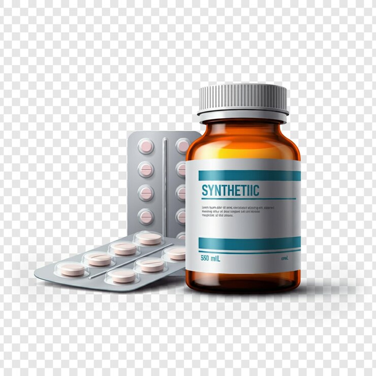 un frasco de medicamento con una pastilla aislada sobre un fondo transparente