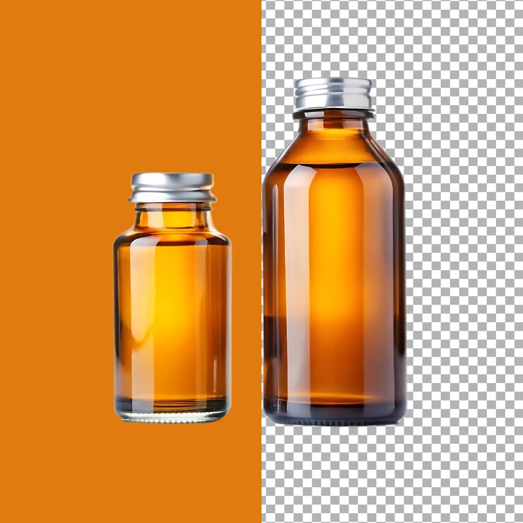 frasco médico de vidrio con líquido aislado en transparente