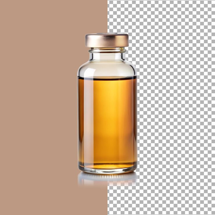 frasco médico de vidrio con líquido aislado en transparente