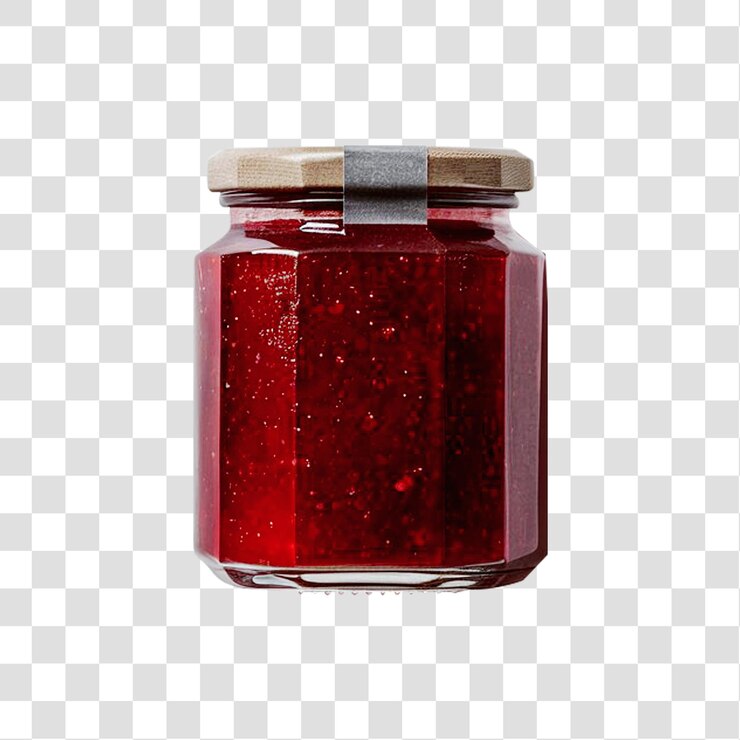 Un frasco de mermelada está lleno de una mermelada roja rica y profunda aislada sobre un fondo transparente