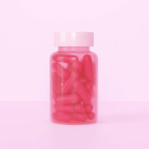 PSD un frasco de pastillas con tapa blanca y fondo rosa.