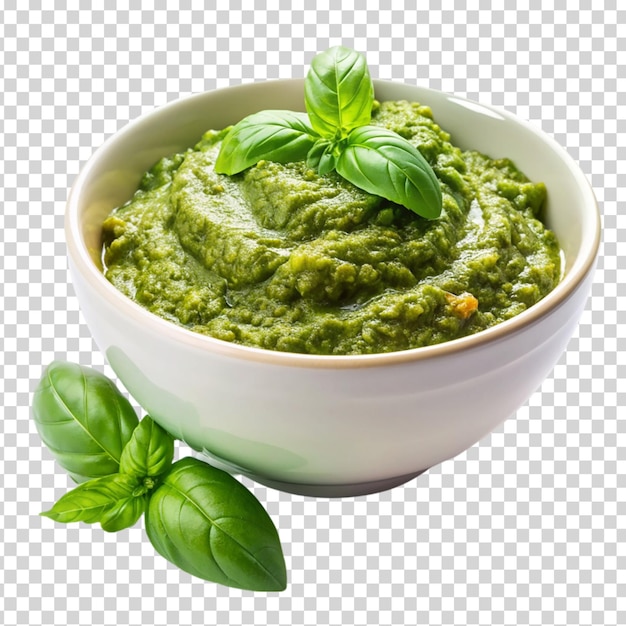 PSD un frasco de pesto con una hoja al lado en un fondo transparente