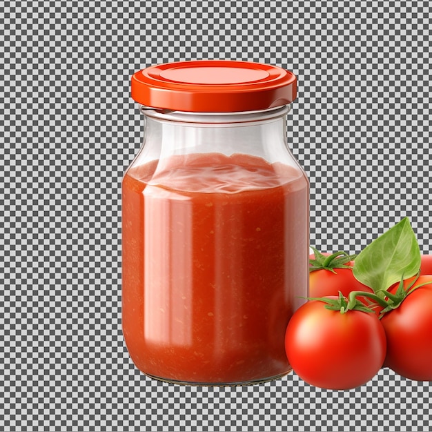 PSD un frasco de salsa de tomate con una tapa roja y dos tomates