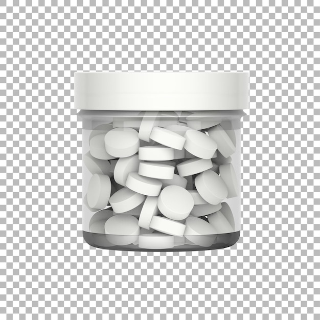 Un frasco transparente lleno de pastillas redondas blancas típicamente utilizadas para medicamentos o suplementos