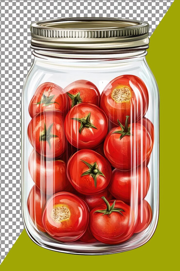 PSD un frasco de vidrio abierto de sabrosos tomates enlatados rico y picante genial para cocinar hiperrealista aislado w