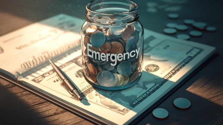 PSD un frasco de vidrio etiquetado emergencia está lleno de monedas y se sienta en una mesa de madera el frasco está en un cuaderno con una pluma y billetes de dólar