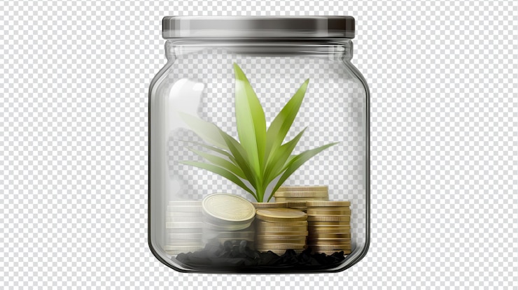 PSD un frasco de vidrio que contiene monedas y una planta verde vibrante simboliza el crecimiento y los ahorros, perfectos para ilustrar la prosperidad financiera