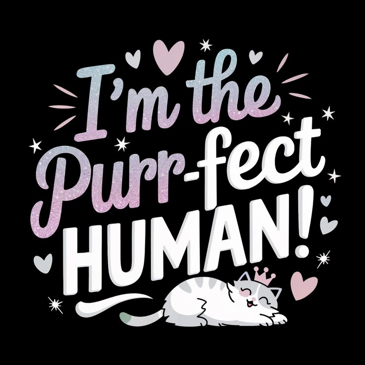 PSD una frase im el purrfect human está rodeado de corazones y un gato de dibujos animados con una pequeña corona