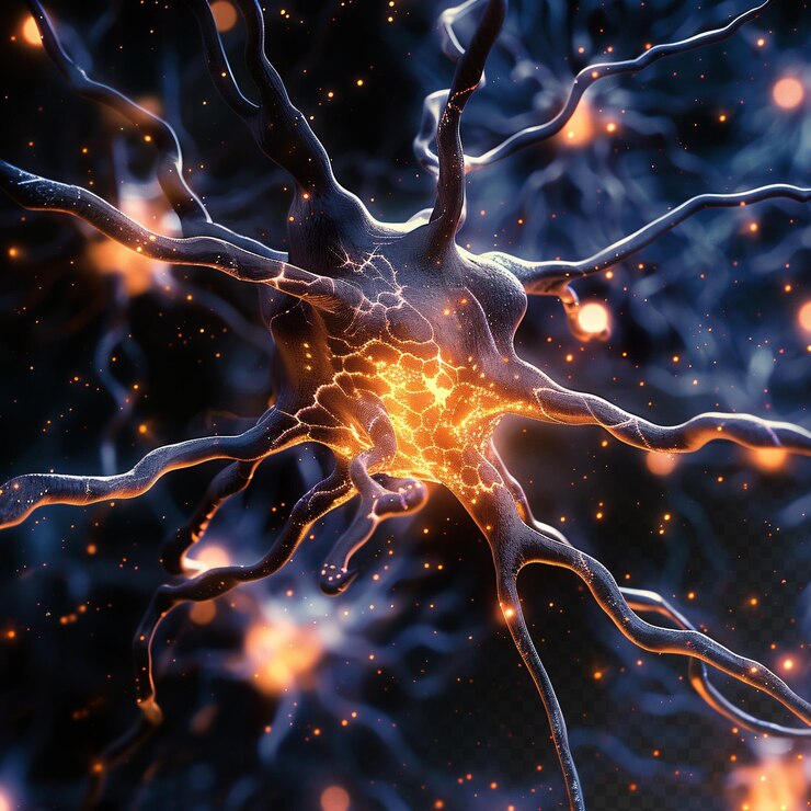 PSD frattali neuronali microscopici con particelle di luce blu, microbiologia medica, sfondo nero